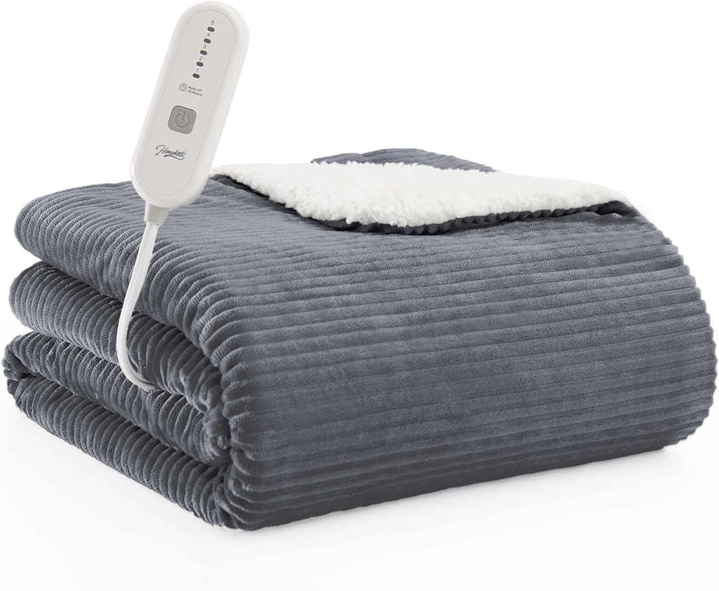 Electric Heated Throw Blanket, Flannel & Sherpa Cozy Soft Electric Throw with 5 Heat Settings & 4 Hours Auto -Off, 62X84 Inch, Grey