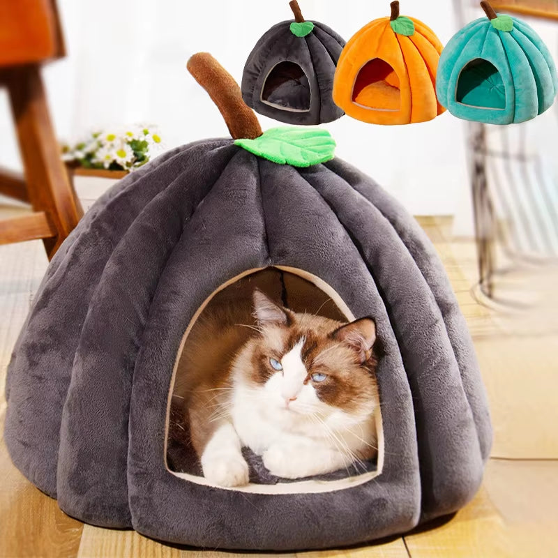 3D Pumpkin Pet House Semi-Enclosed Removable Bottom Non-Slip Soft PP Cotton Winter Cat House Tent for Pet Mat Washable Cave