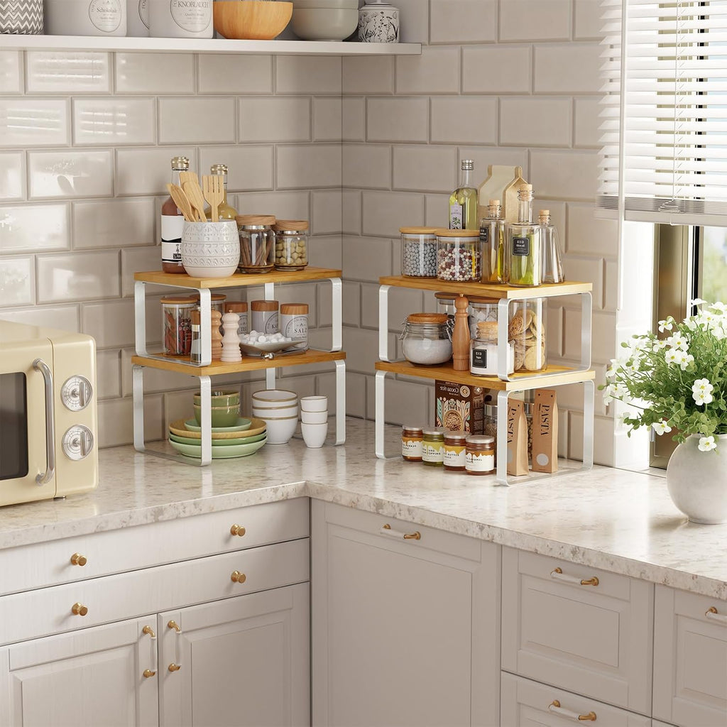 Bamboo Cabinet Organizer Shelf, Set of 4 Kitchen Counter Shelves, Stackable Expandable Spice Rack Pantry Cupboard Organizer, White and Natural