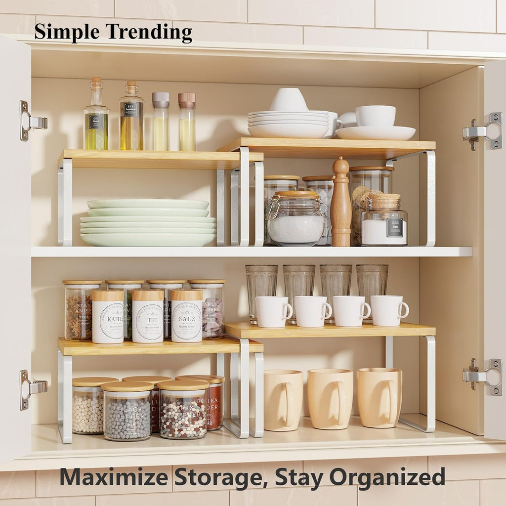 Bamboo Cabinet Organizer Shelf, Set of 4 Kitchen Counter Shelves, Stackable Expandable Spice Rack Pantry Cupboard Organizer, White and Natural