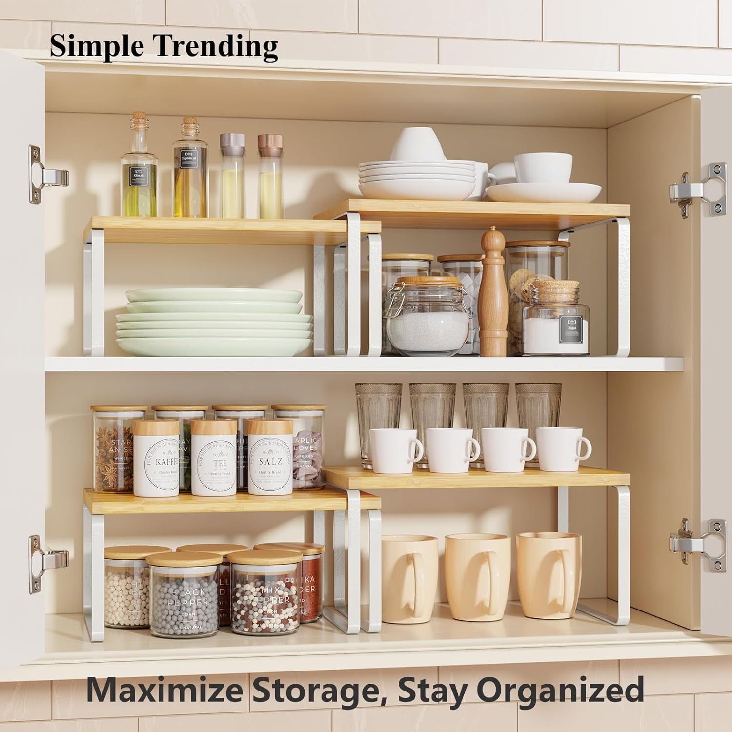 Bamboo Cabinet Organizer Shelf, Set of 4 Kitchen Counter Shelves, Stackable Expandable Spice Rack Pantry Cupboard Organizer, White and Natural