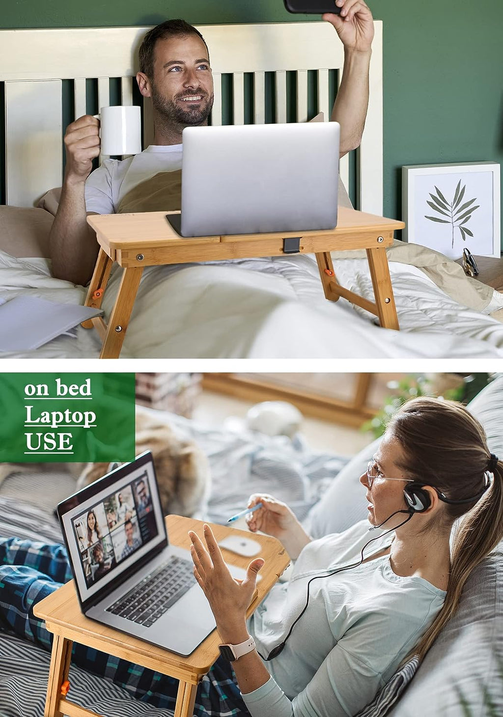 Laptop Desk  Table Adjustable Bamboo Foldable Breakfast Serving Bed Tray W' Tilting Top Drawer