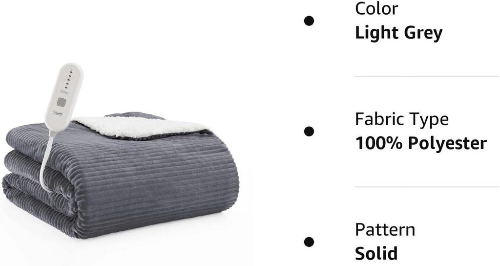 Electric Heated Throw Blanket, Flannel & Sherpa Cozy Soft Electric Throw with 5 Heat Settings & 4 Hours Auto -Off, 62X84 Inch, Grey