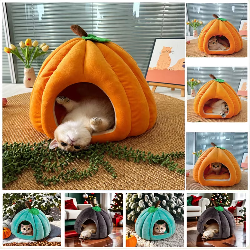 3D Pumpkin Pet House Semi-Enclosed Removable Bottom Non-Slip Soft PP Cotton Winter Cat House Tent for Pet Mat Washable Cave