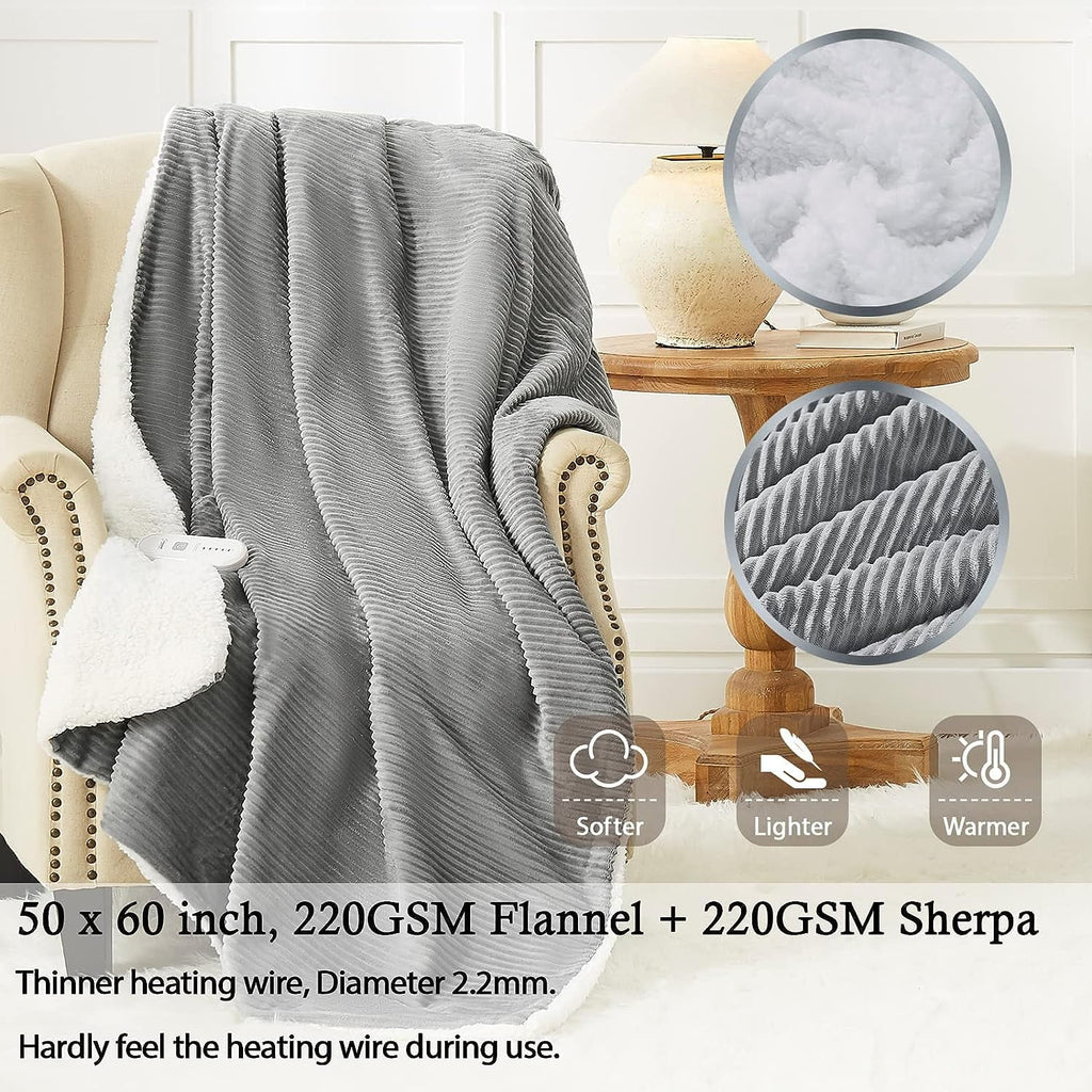 Electric Heated Throw Blanket, Flannel & Sherpa Cozy Soft Electric Throw with 5 Heat Settings & 4 Hours Auto -Off, 62X84 Inch, Grey