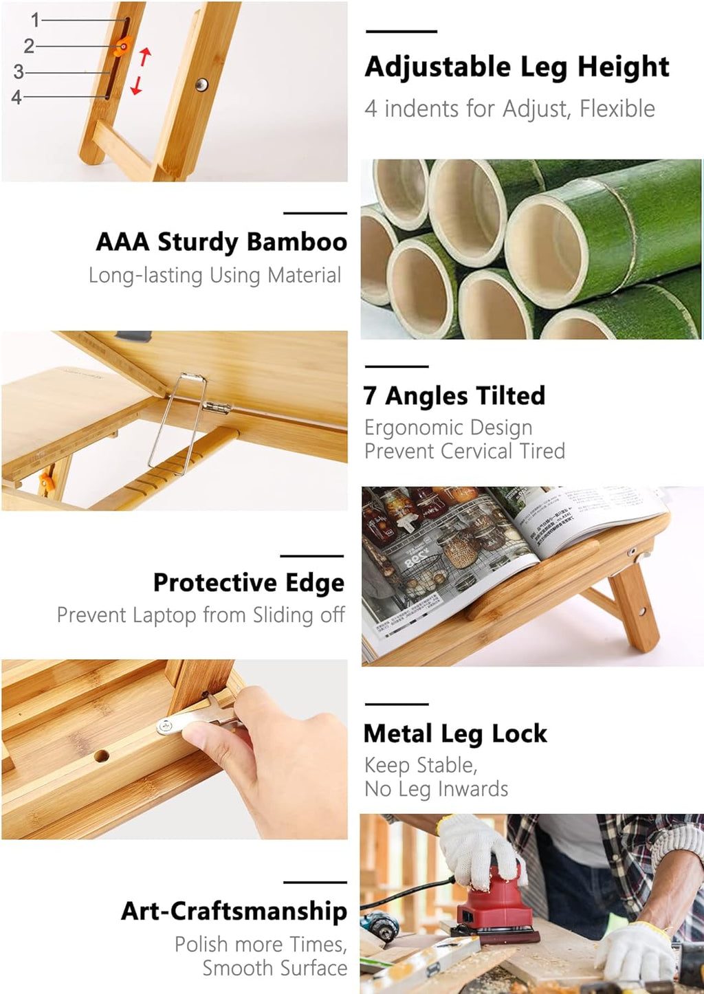 Laptop Desk  Table Adjustable Bamboo Foldable Breakfast Serving Bed Tray W' Tilting Top Drawer