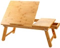 Laptop Desk  Table Adjustable Bamboo Foldable Breakfast Serving Bed Tray W' Tilting Top Drawer