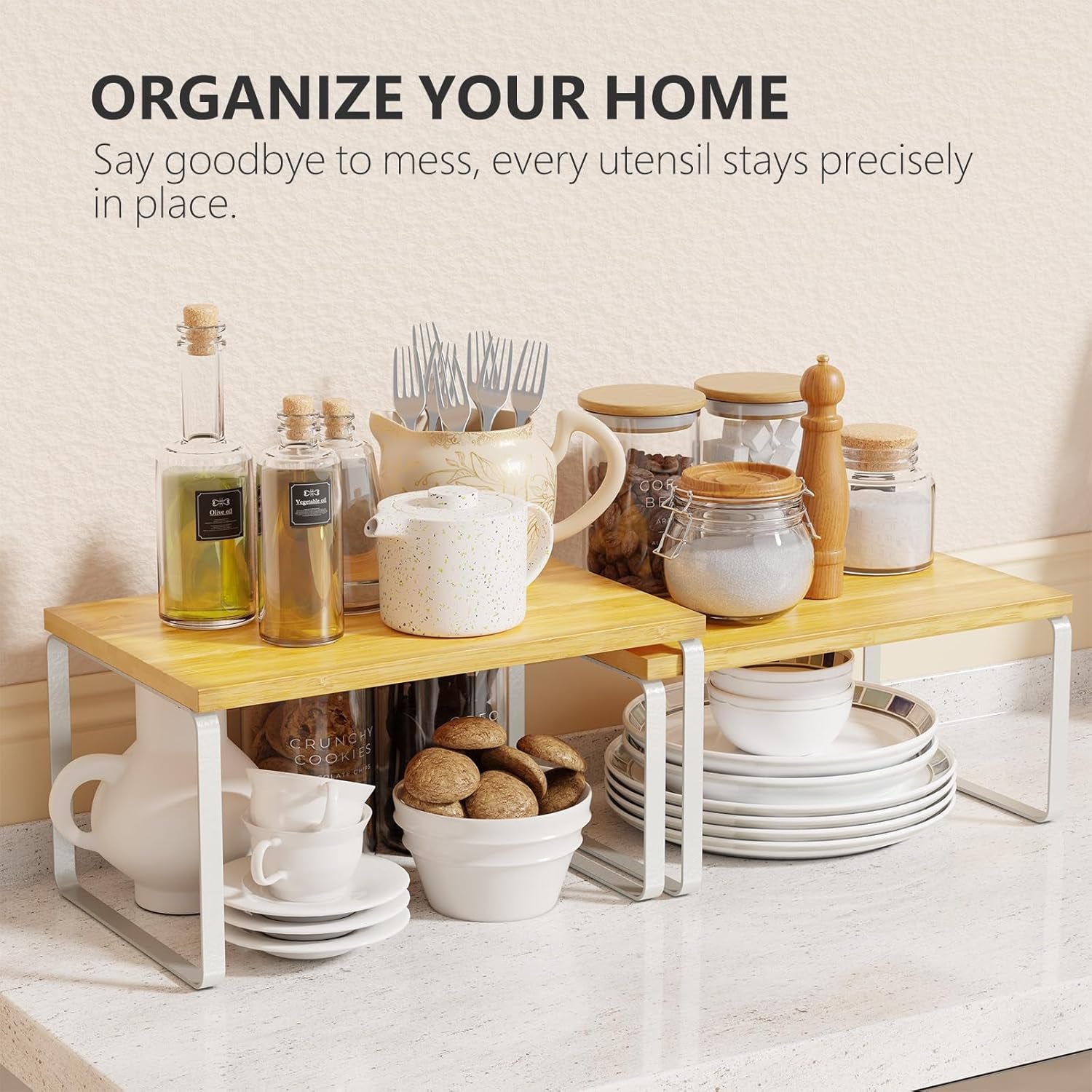 Bamboo Cabinet Organizer Shelf, Set of 4 Kitchen Counter Shelves, Stackable Expandable Spice Rack Pantry Cupboard Organizer, White and Natural