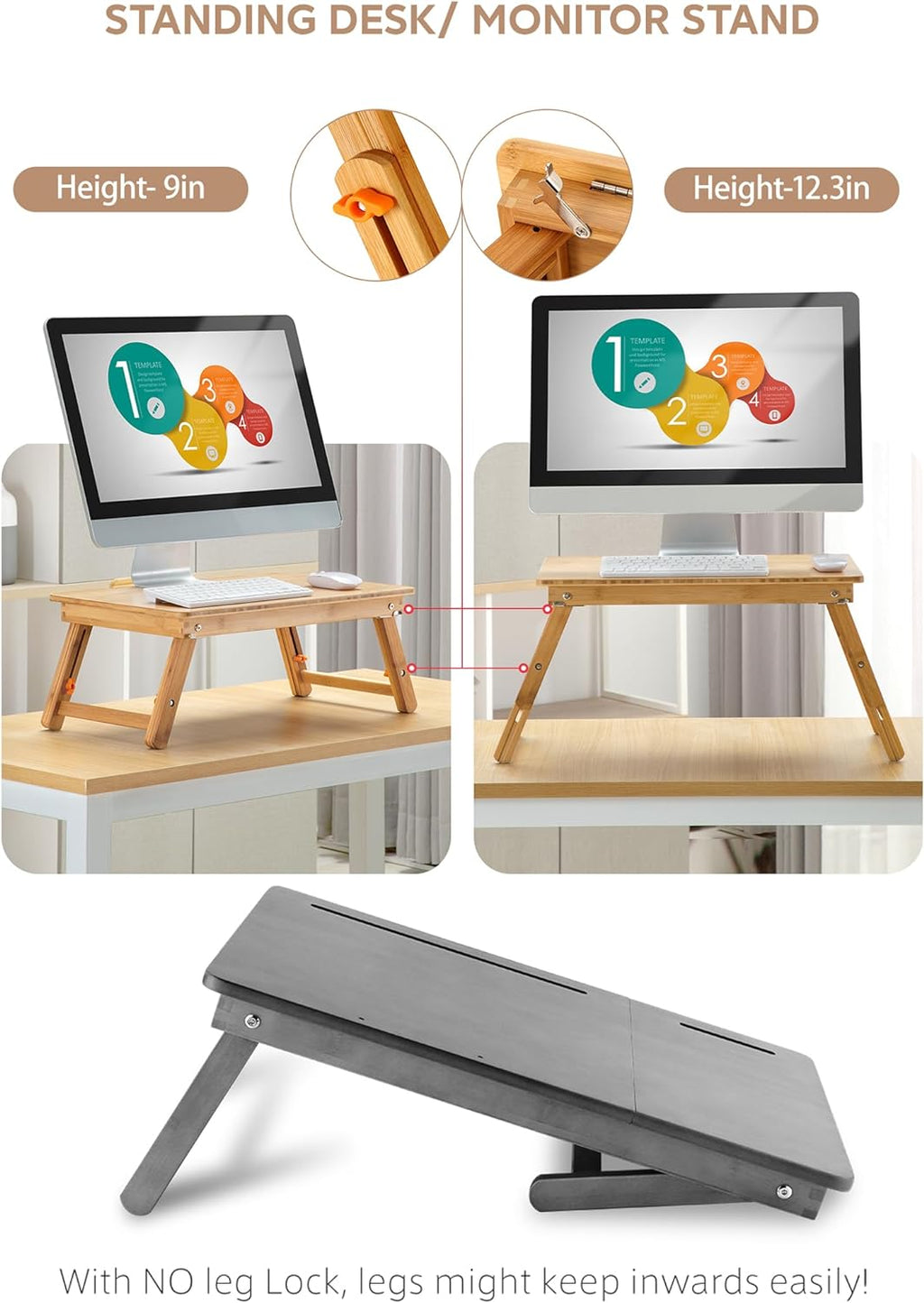 Laptop Desk  Table Adjustable Bamboo Foldable Breakfast Serving Bed Tray W' Tilting Top Drawer