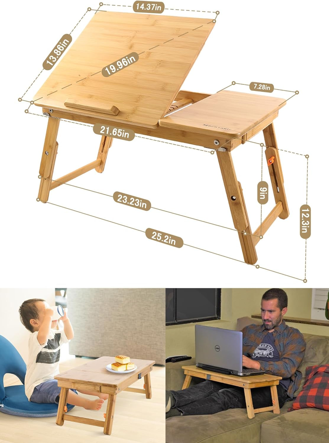 Laptop Desk  Table Adjustable Bamboo Foldable Breakfast Serving Bed Tray W' Tilting Top Drawer