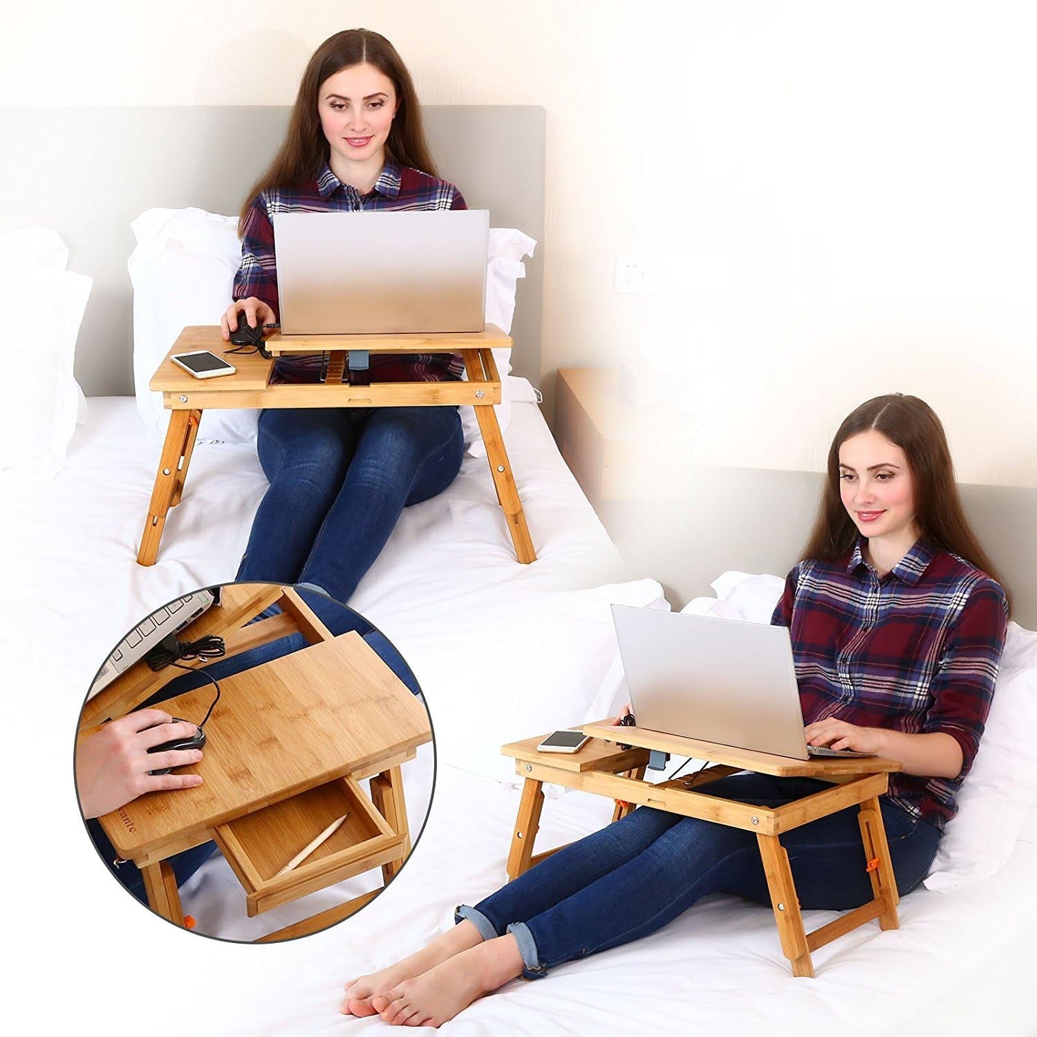 Laptop Desk  Table Adjustable Bamboo Foldable Breakfast Serving Bed Tray W' Tilting Top Drawer