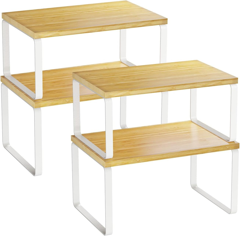 Bamboo Cabinet Organizer Shelf, Set of 4 Kitchen Counter Shelves, Stackable Expandable Spice Rack Pantry Cupboard Organizer, White and Natural