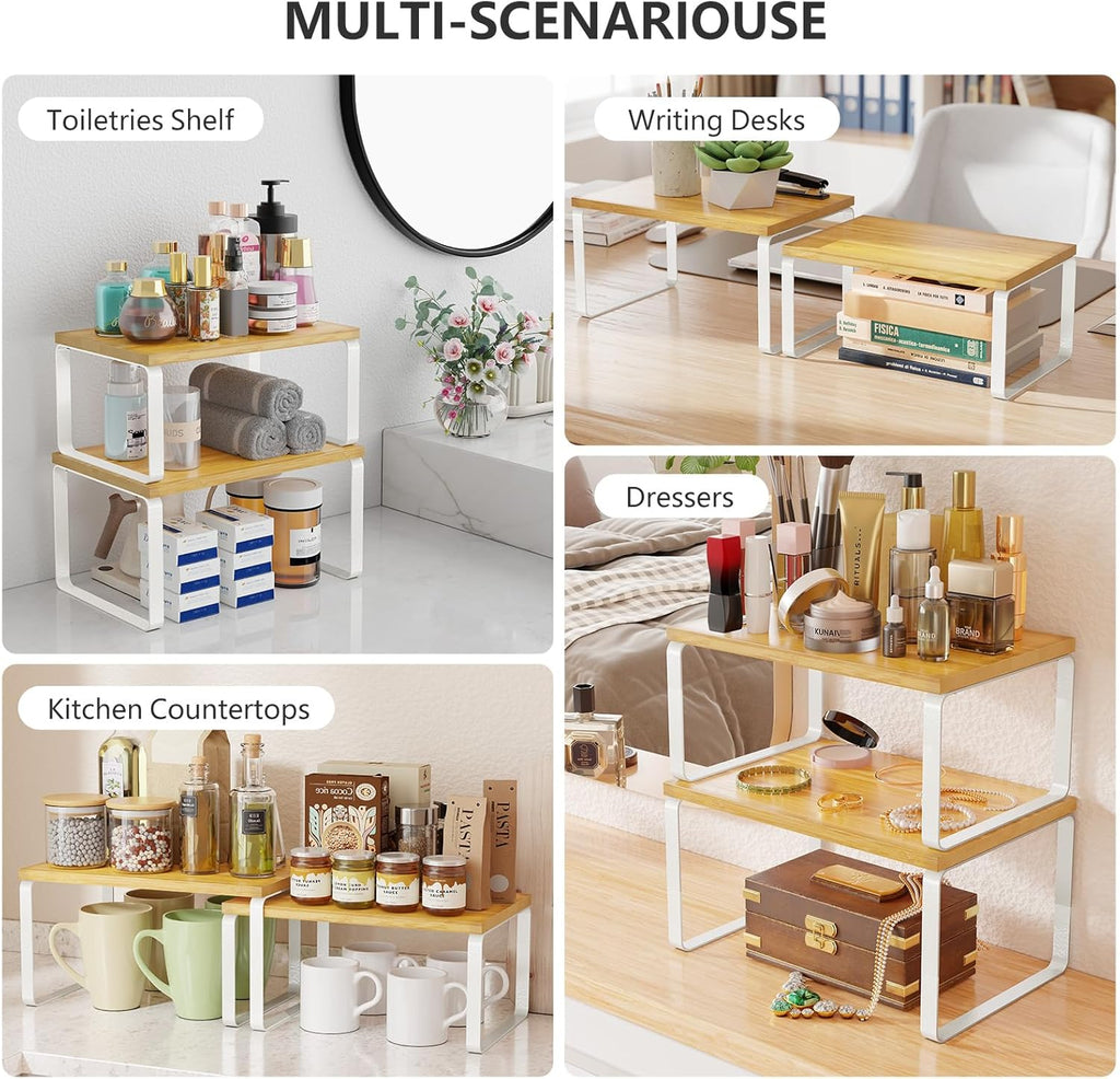 Bamboo Cabinet Organizer Shelf, Set of 4 Kitchen Counter Shelves, Stackable Expandable Spice Rack Pantry Cupboard Organizer, White and Natural