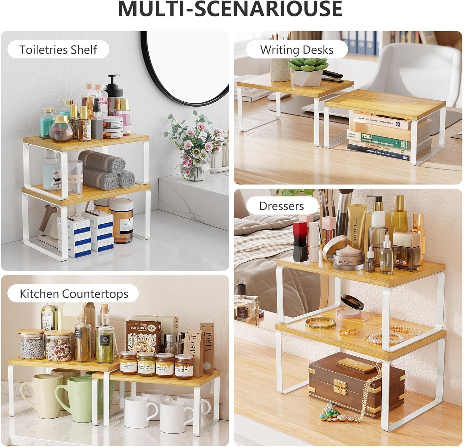 Bamboo Cabinet Organizer Shelf, Set of 4 Kitchen Counter Shelves, Stackable Expandable Spice Rack Pantry Cupboard Organizer, White and Natural
