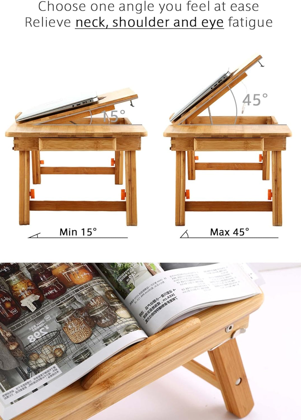 Laptop Desk  Table Adjustable Bamboo Foldable Breakfast Serving Bed Tray W' Tilting Top Drawer
